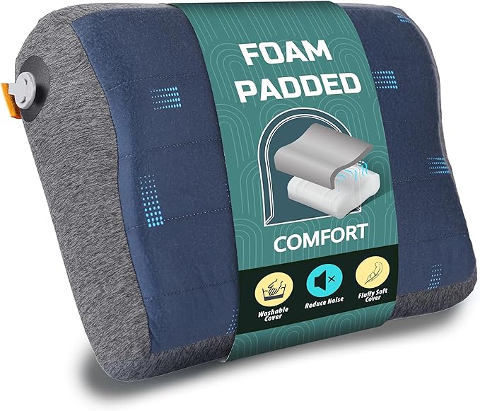 TREKOLOGY ALUFT Pro Inflatable Camping Pillow with Removable Foam-Padded Case - Camp Pillow for Camping &amp Hiking Backpacking Airplane and Travel - Add to Your Outdoor Backpacking Gear Essential