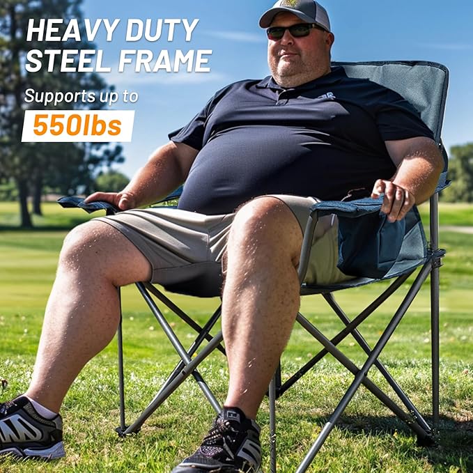 Timber Ridge Oversized Folding Camping Chair for Adults Support 550 LBS Heavy Duty Chairs with Cup Holder Side Pocket for Camping Lawn Picnic 2 Pack(Grey)