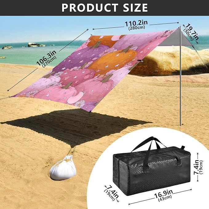 Bolaz Beach Canopy Tent Sun Shade9'×10.5' Large Family Beach Shade UPF50+- Outdoor Shade for Camping Trips FishingPumpkin Flower Star Pattern
