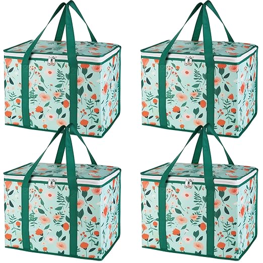 Bodaon 4-Pack Cooler Insulated Food Delivery Bag X-Large Bags for Grocery/Catering/Shopping Rideshare Delivery Bag Thermal Hot Pizza Large Cold and Frozen XL Tote Flower