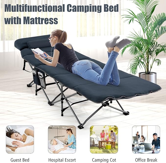 Goplus Camping Cot Folding Camping Cot with Mattress Pillow Carry Bag Storage Pocket Camping Bed Military Cot for Home Office Nap Hiking Heavy-Duty Portable Sleeping Cot for Adults Kids (Blue)