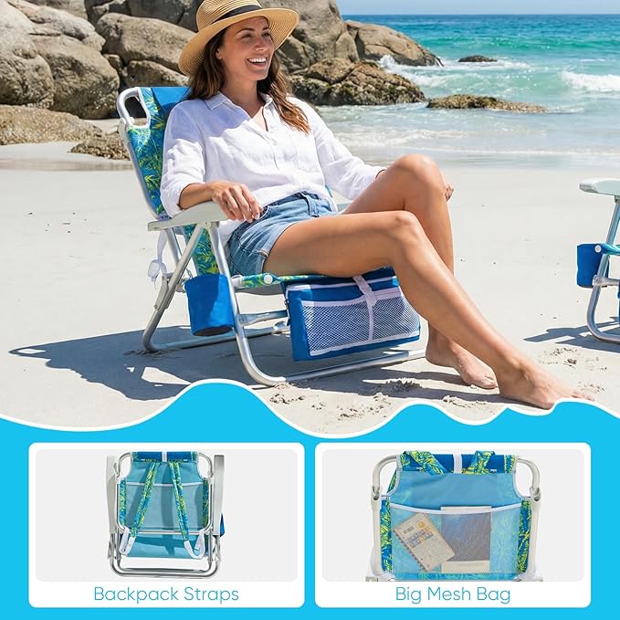 Old Bahama Bay Beach Chairs for Adults 7-Position Classic Lay Flat Beach Chair Reclining Beach Chair Portable Aluminum Backpack Beach Chair with Towel Bar &amp Cooler Bag