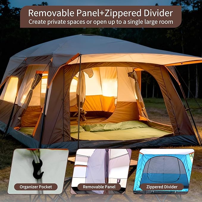 Large Family Standing Upright Camping Tent - 5-12 Persons Multi-Room Waterproof Tent with Screened Porch - Glamping Tent for Outdoor Camping &amp Family Vacation