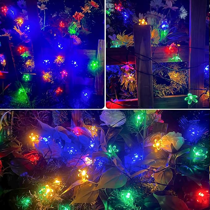 2PK 80LED 50FT Flower Solar String Lights Outdoor Waterproof Cherry Blossoms Multicolor Lights with 8 Lighting Modes Garden Decor for Outside Pathway Light for Fence Patio Yard