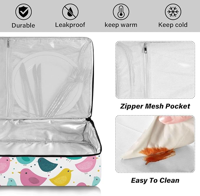 Casserole Carrier Adorable Pattern BirdsInsulated Casserole Carrier for Hot or Cold Food Thermal Lunch Tote for Potluck Parties Picnic Beach Fits 9 x 13 Inches Baking Dish