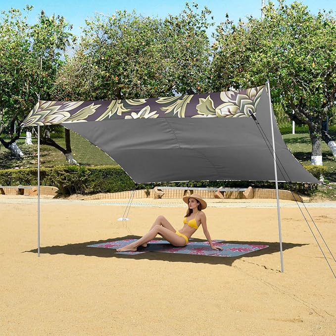 Olive Green Floral Beach Tent Sun Shelter 9.2' x 10.5' Beach Canopy with 4 Sandbags 4 Stability Poles Sand Shovels - Tent Canopy for Beach Camping Fishing Picnics
