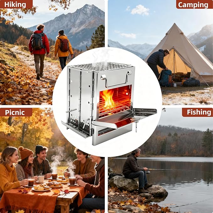 Wood Burning Camp Stove Folding Stainless Steel Barbecue Stove Portable Small Backpacking Grill for Outdoor Camping Cooking Picnic BBQ 15 x 15 x 20 cm