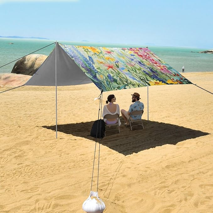 Beach Tent Sun Shelter Pink-Purple Wildflower Bushes Lightweight &amp Easy Setup Beach Shade Canopy for Camping Fishing