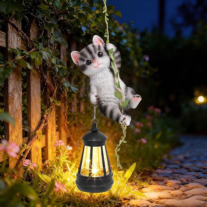 Solar Hanging Cat Statue Outdoor Resin Black Cat Figurine with LED Lights Kitty Animal Ornament for Garden Fence Porch Patio Yard Decor Dusk to Dawn Auto On/Off