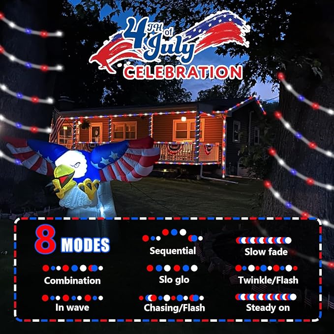 YEGUO Solar Christmas Light Outdoor Waterproof 66ft 200 LED Red White and Blue Rope Lights 8 Modes Tube String Lights in Clear Thin Tube