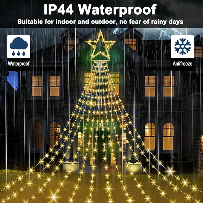 Onory Christmas Outdoor Star String Lights 23FT 860 LED Waterproof Waterfall Tree Lights with Star Topper 8 Modes Christmas Decorations Outdoor Tree Lights for Patio Yard Party Holiday Dec
