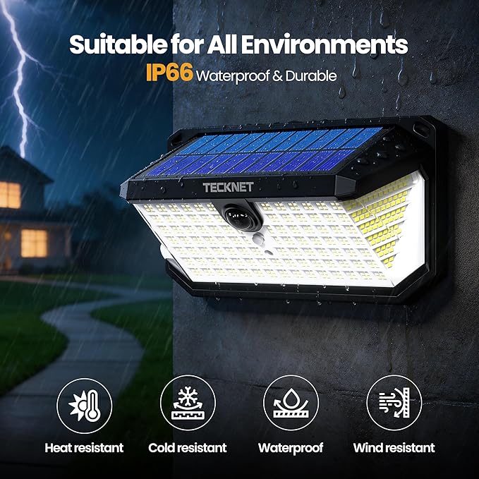 TECKNET 546 LEDs Motion Sensor Outdoor Lights with Remote Control &amp Hook7500LM Solar Lights Outdoor with 2200mAh &amp IP66 Waterproof 300° Angle &amp 3 Modes Solar Lights for Patio Fence Gara