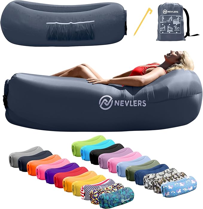 Nevlers Navy Inflatable Couch Air Sofa | 210T Polyester Blow Up Chairs | No-Pump Inflatable Lounger | Air Chair w/ 450 lbs. Capacity Pockets &amp Matching Bag | Use as Blow Up Couch for Adults &amp