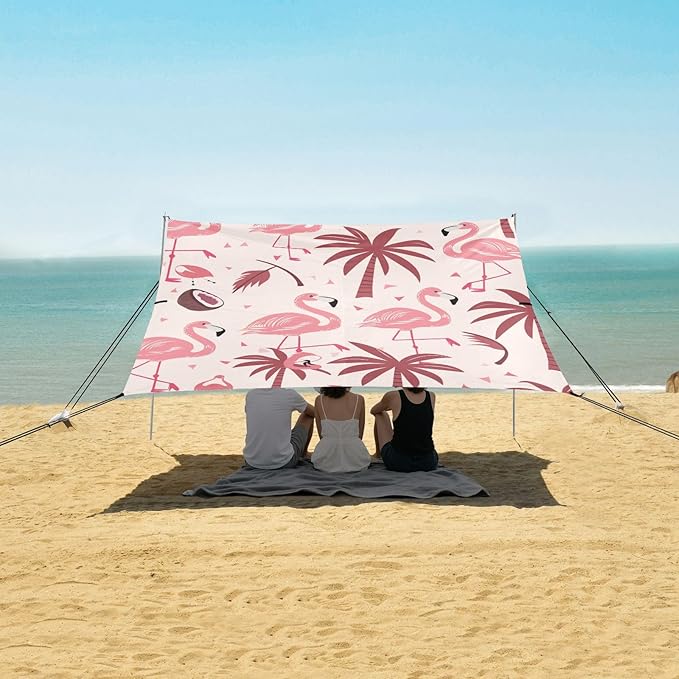 Beach Tent Sun Shelter Coconut Trees Flamingos Lightweight &amp Easy Setup Beach Shade Canopy for Camping Fishing