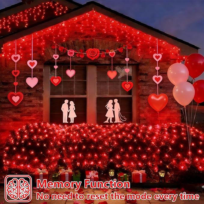 YEGUO Net Lights Outdoor Mesh Lights 12ft x 5ft 360 LED Red Valentine‘s Day Light Outdoor Waterproof 8 Modes Connectable Clear Wire Christmas Bush Light Plug in