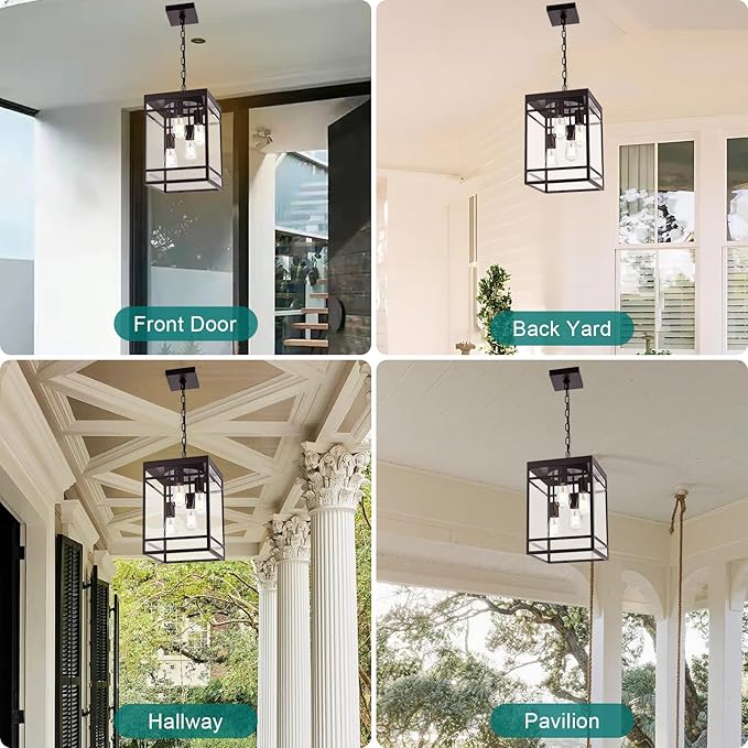 Large Outdoor Pendant Light for Porch Oil Rubbed Bronze Outdoor Hanging Light Fixture with Clear Glass Shade Exterior Linear Chandelier Hanging Lantern for Outside PatioFront Door
