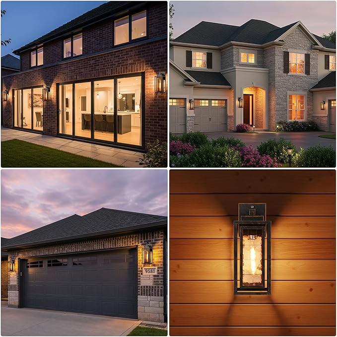 Dusk to Dawn Outdoor Wall Lantern Water Ripple Exterior Porch Light Fixture Black Gold 2 Pack Sensor Outside Lantern Lamp Porch Mount Lamp for Doorway Waterproof Wall Sconce Light (Bulb Included)