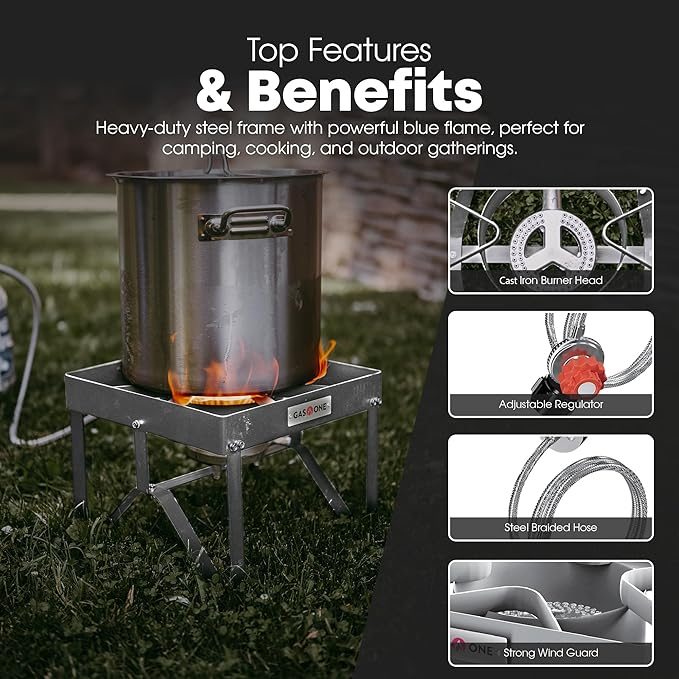 GasOne Stainless Steel Outdoor Propane Burner – High Pressure Camp Stove with Adjustable Regulator &amp Steel-Braided Hose