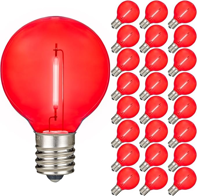 Novelty Lights 25 Pack Red G40 LED Filament String Light Bulbs E12/C7 Candelabra Base 5 Watt Equivalent Shatterproof Replacement Bulbs for Patios Canopy Lighting