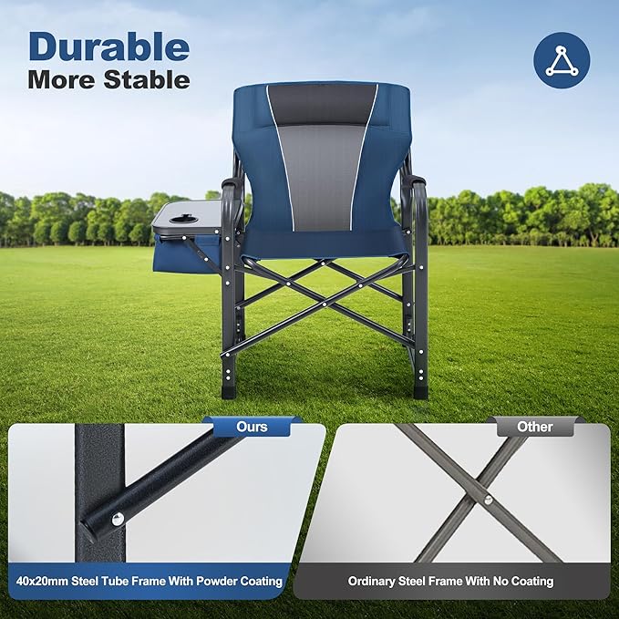 LET'S CAMP Oversized Folding Director Chair Outdoor Heavy Duty Camping Chair with Side Table and Cooler Bag for Picnic Hiking Fishing Supports 350LBS