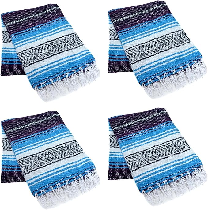 La Montana Mexican Blankets and Throws 4 Pack 74x50 - Made in Mexico Lightweight Yoga Blanket for Schools Studios Outdoors Camping Picnic Decor - Washable Turquoise/Dark Purple/White