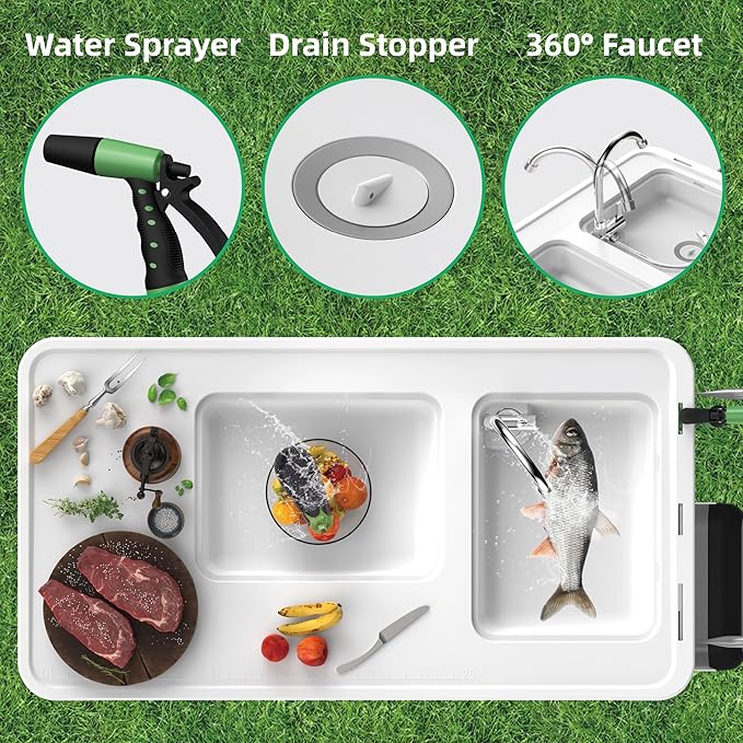 Allpop Fish Cleaning Table with 2 Sinks 42.5'' Portable Folding Camping Fish Station with Extanded Stand Grid Rack Faucet Drainage Hose Sprayer Storage Box Drawer &amp Grooves for Picnic Whit