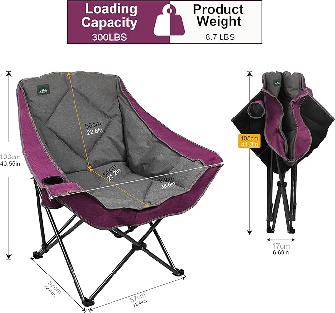 Northroad Oversized Foldable Camping Chair Outdoor Padded Lawn Chair w/Cup HolderCarry Bag for Beach Hiking and PicnicsHeavy-Duty 300-lbs Capacity Purple