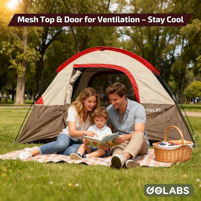 Golabs CT1 2 Person Camping Tent Easy Set Up in 3 Mins PU1500mm Waterproof w/Mesh Top &amp Door with Ventilation Lightweight 4.4lbs Portable Family Tent with Carry Bag &ampInterior Storage Pocket