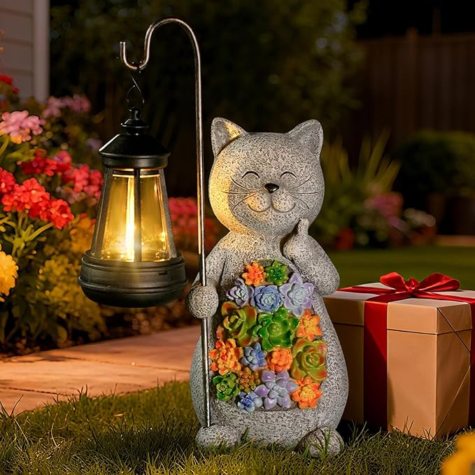 Solar Cat Garden Statue with Succulent Decor Hanging Lantern – Waterproof Resin Outdoor Figurine for Yard Patio Balcony – Gift for Cat Lovers Gardeners