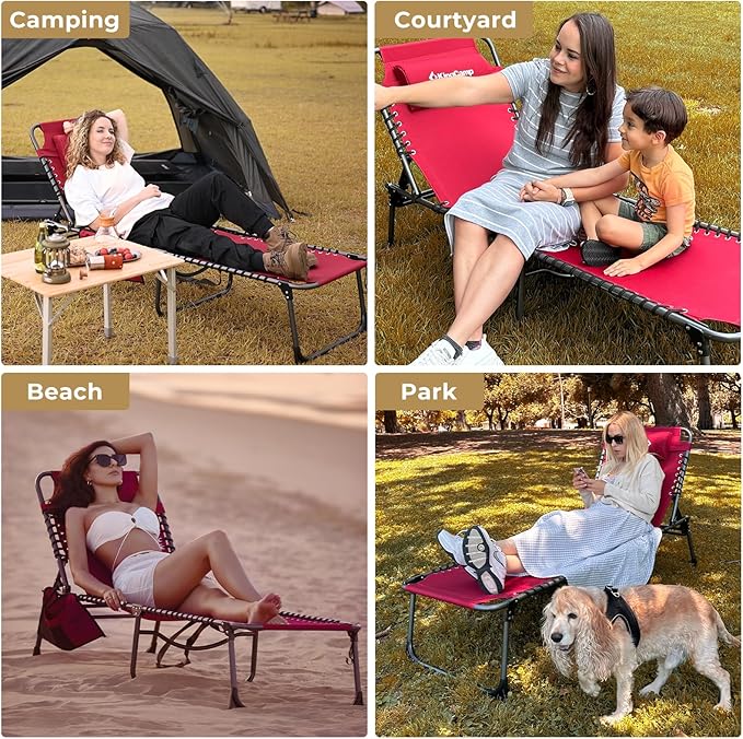 KingCamp Lounge Chair Outdoor Folding Portable Tanning Chairs Comfy Adjustable 5-Position Lay Flat Foldable Chaise Chaser Lounger with Pillow for Outside Beach Patio Sun Bathing Backyard Pool Wine