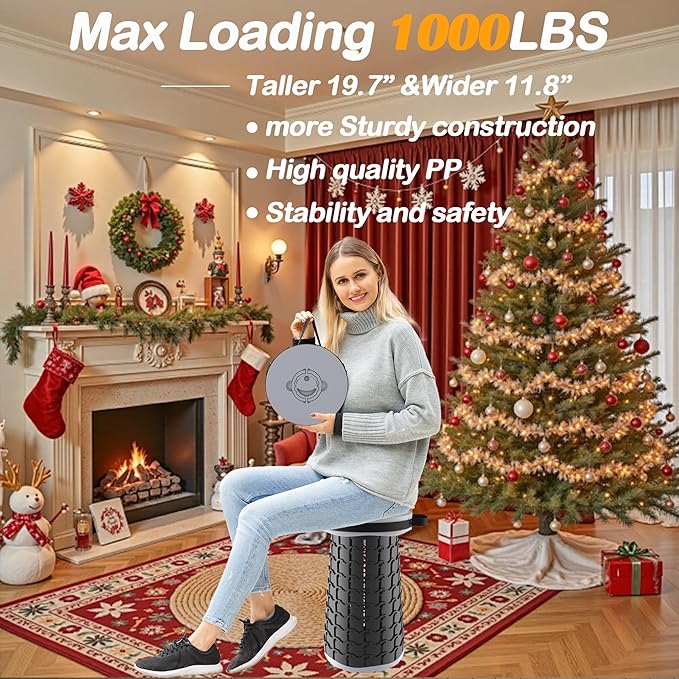ALEVMOOM 2026 Upgraded XXL 19.7 Collapsible Stool with Cushion 1000lbs Max Weight Heavy Duty Portable Telescoping Stool Retractable Seat Folding Chair for Camping Fishing Hiking(Grey-XXL)