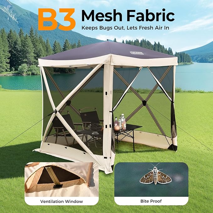 Tecoom 6x6ft Pop Up Gazebo Tent 4-Sided Canopy Shelter Tent with Mesh Windows for Camping Portable Large Shade Tents with Siedwalls Carrying Bag and Stakes for Outdoor Garden Lawn and Backyard