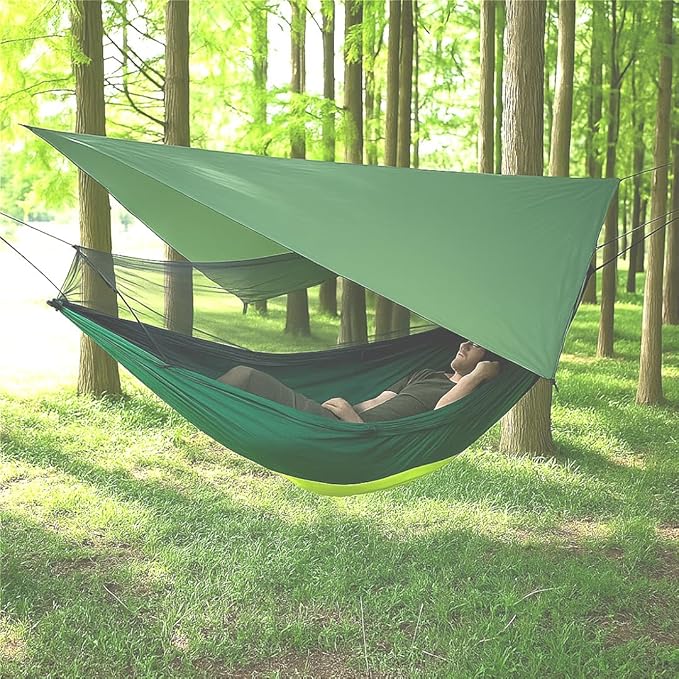 Double Camping Hammock with Mosquito Net and Rain Fly – Lightweight 3-in-1 Tent Setup for Outdoor Hiking Travel Patio &amp Backpacking – Portable Hammock for Adults with Tree Straps &amp Bug Net