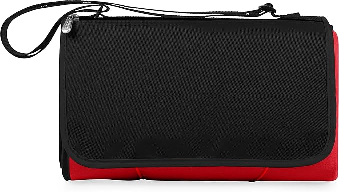 PICNIC TIME Outdoor Picnic Blanket Tote 59x51 Foldable Beach &amp Camping Blanket with Soft Fleece Water-Resistant Bottom Adjustable Strap &amp Zippered Pocket (Red with Black Flap)
