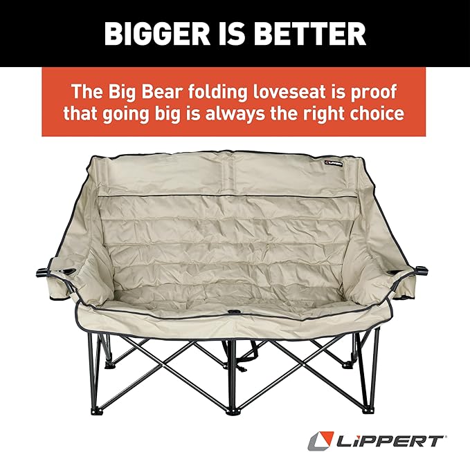 Lippert Big Bear Sand Folding Camping Loveseat with 500-lb. Weight Capacity Durable Mesh Fabrics High-Loft Cushioning Dual Cupholders Storage Pocket Zippered Carrying Bag - 2023053718