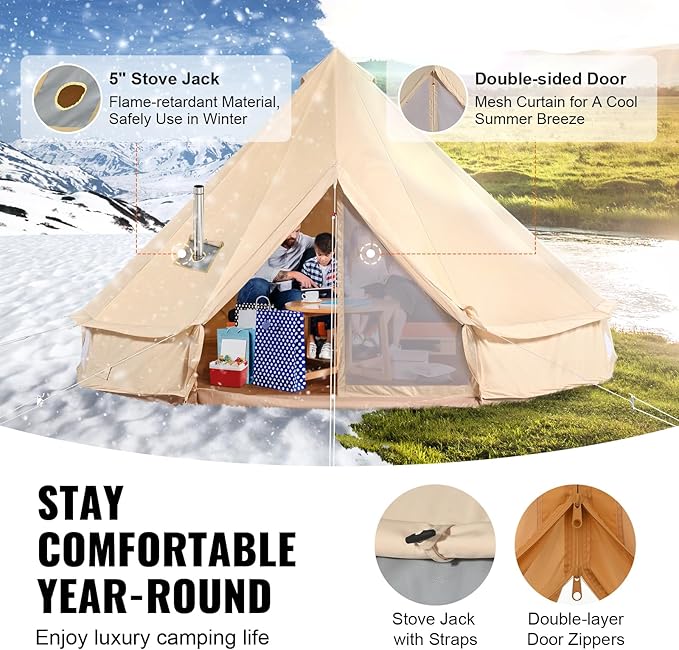 Happybuy Canvas Bell Tent - 4 Seasons Breathable 100% Cotton Canvas Yurt - w/Stove Jack Luxury Glamping Tent Waterproof for Family Camping Hunting Party