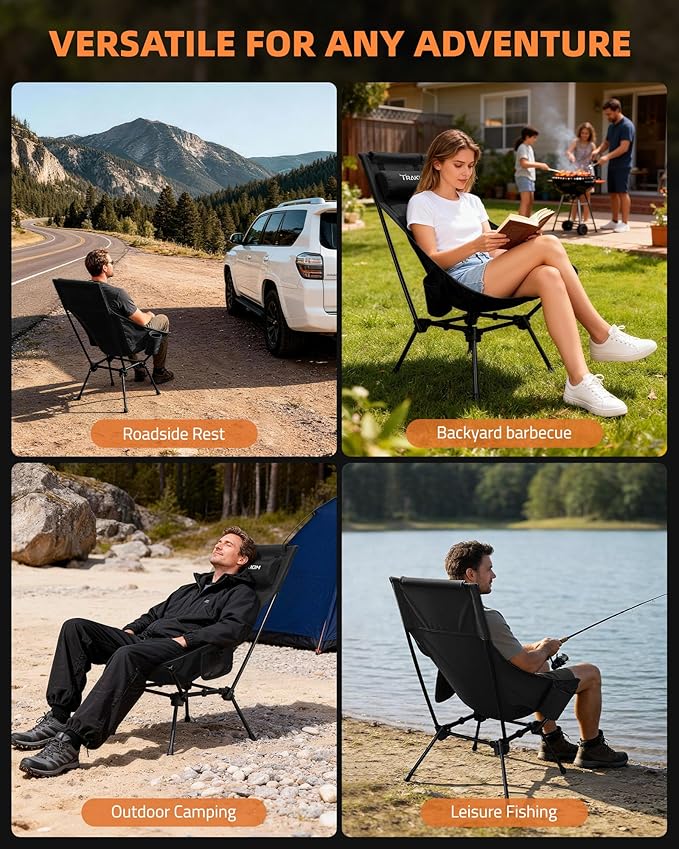 High Back Folding Camping Chair Widened Seat &amp Lightweight Black Portable Chair with Stable Design Adjustable Head Support for Beach Camping Festival Hiking and Outdoor Travel
