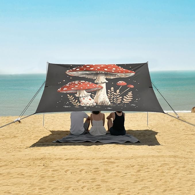 Red Mushroom Beach Tent Sun Shelter 9.2' x 10.5' Beach Canopy with 4 Sandbags 4 Stability Poles Sand Shovels - Tent Canopy for Beach Camping Fishing Picnics