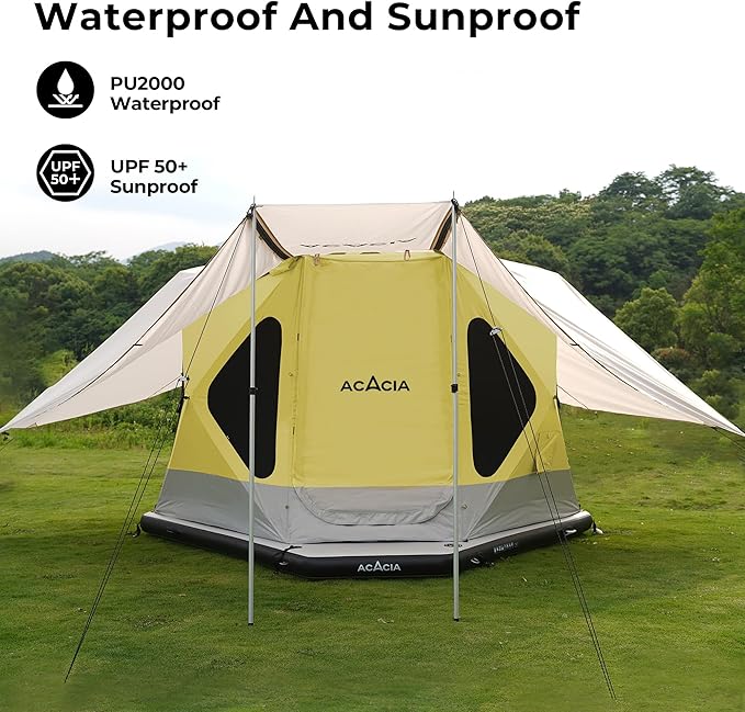 ACACIA Canopy 4 Person for Space Acacia Camping System PU2000 Waterproof Camping Tarp for 4 Season Camping UPF50+ Sunproof Tent Tarp with 4 Telescoping Poles Carry Bag Almond