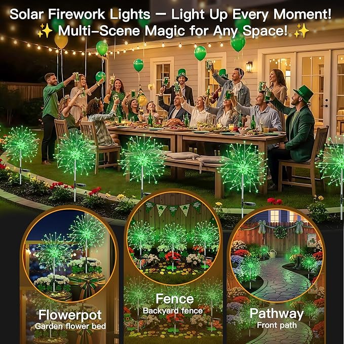 suddus St. Patrick's Day Decorations Solar Firework Lights - 150 LED Green Outdoor Garden Lights 8 Modes DIY Sparkler Lights Waterproof Solar Stake Lights for Yard Pathway Flowerbed Decor (2 Pack)