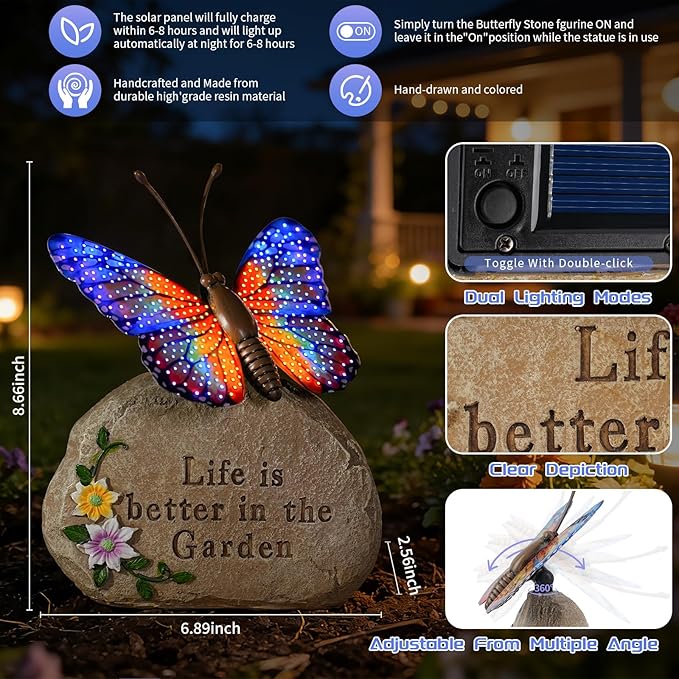 Solar LED Butterfly Garden Statue with Sparkling Light-Up Wings - Outdoor Yard Patio Decor Figurine for Women Mom Grandma (Orange)