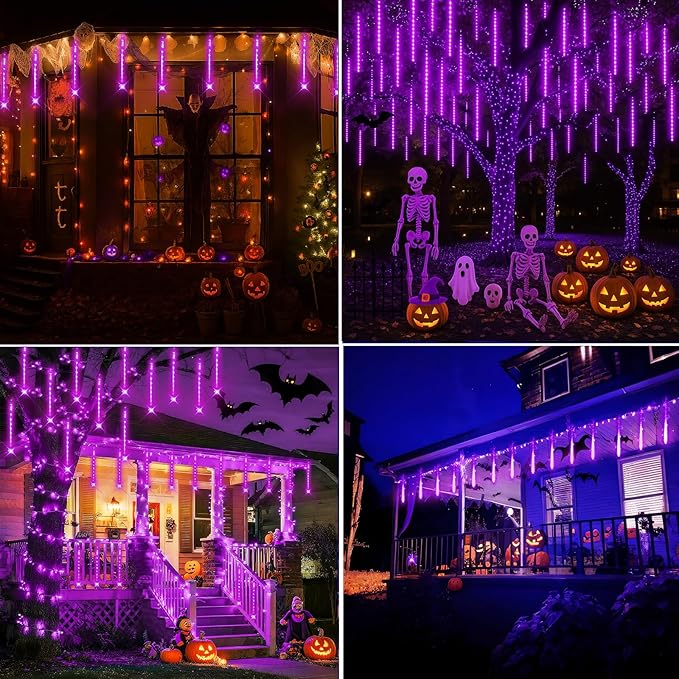 Christmas Decoration Outdoors - 32 Tubes Meteor Shower Lights Waterproof Falling Rain Lights for Halloween Decor Xmas Tree Garden Yard Wedding Party Purple