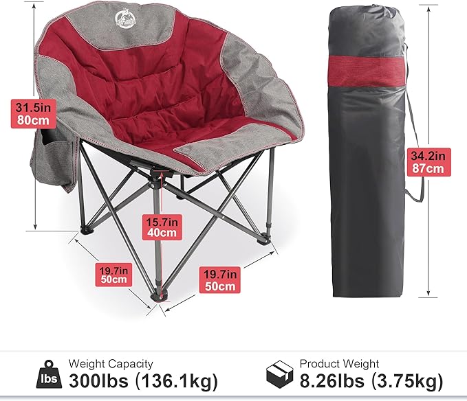 Northroad Folding Compact Camping Moon Chair Outdoor Padded Saucer Round Chair w/Cup Holder Supports up to 300 lbs for Beach Hiking Fishing Picnic LawnRed