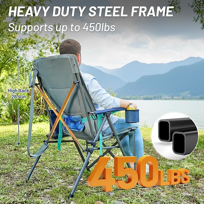 TIMBER RIDGE Oversized Camping Chair with Lumbar Support Portable Folding Chair Heavy Duty for Adults Supports 450 LBS for Outdoor Camping Lawn with High Back Cup Holder Side Pocket Blue