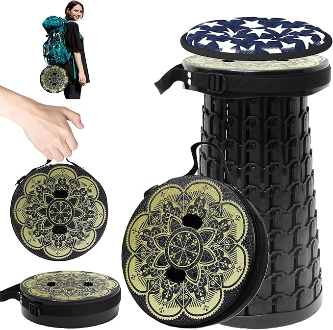 Portable Stool with Swivel Cushion Bag&ampCarabinerH 18.1 Collapsible More Sturdy and Lightweight Camping Telescoping Stool for Mountain Hiking BBQMax Load Capacity 600LBs