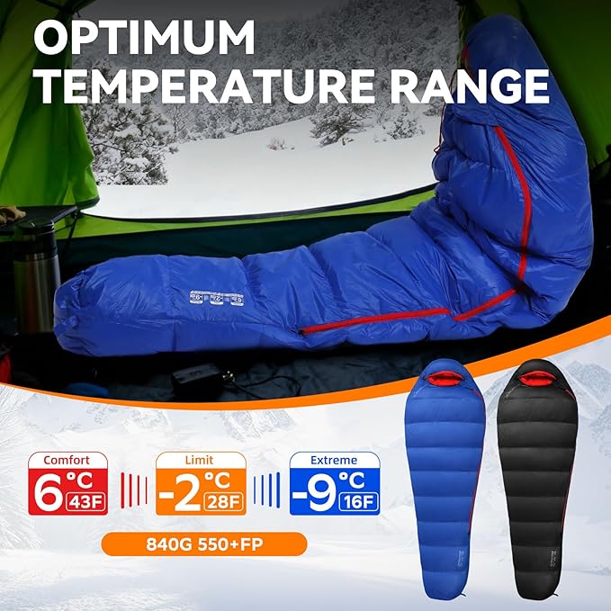 Clostnature Down Sleeping Bag for Adults - 20D 550 Fill Power Backpacking Mummy Sleeping Bag for 16°F - 45°F Lightweight 4 Season Clod Weather Camping Gear with Compression Sack