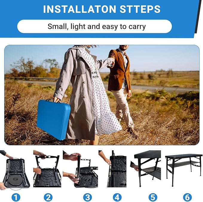 Portable Folding Table and Stool Set Lightweight Foldable Table &amp Collapsible Stool for Camping Picnic Beach Fishing Sturdy Small Outdoor Table with Mesh Layer Storage- Blue