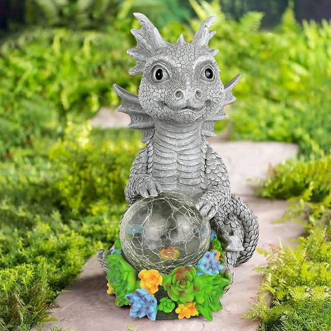 Solar Garden Outdoor Statues Dragon Holding Magic Orb with Solar LED Lights - Lawn Decor Outdoor Statue for Patio Balcony Yard OrnamentUnique Gifts for Mom Grandma