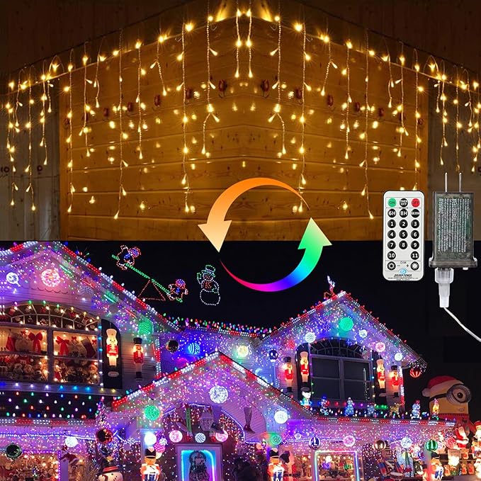 Brizled Christmas Icicle Lights 29ft 360 LED Outdoor Icicle Lights Color Changing with Remote 11 Function Connectable Christmas Lighting Warm White &amp Multicolor Xmas Lighting for Xmas Home Weddi