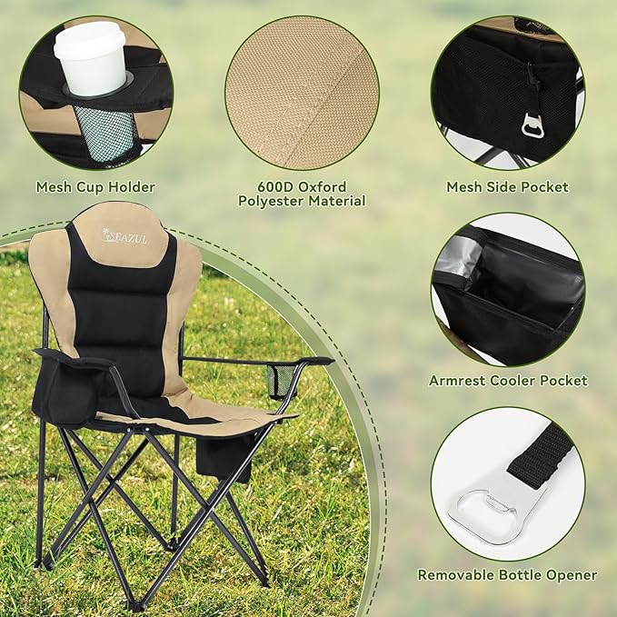 Camping Chairs for Adults Heavy Duty Camping Chairs 2 Pack Folding Chairs for Outside Support 380 LBS Portable Travel Outdoor Camp Chair with Cup Holder &amp Cooler Bag Sports Chairs Khaki
